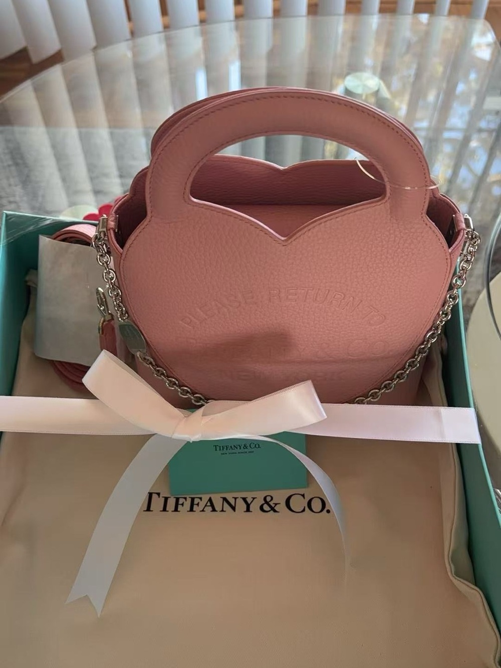 Tiffany & Co. Pink Pebbled Leather Heart-Top Handle Small Bag with Silver Chain